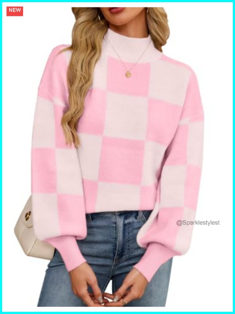 Oversized Checkered Mock Neck Knit Pullover Sweater Soft Fuzzy Warm